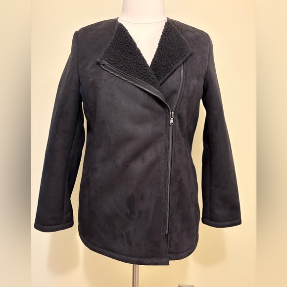 NWT, Banana Republic Faux Suede Sherpa Lined Moto Jacket Front Zip Black Size L - Picture 5 of 9